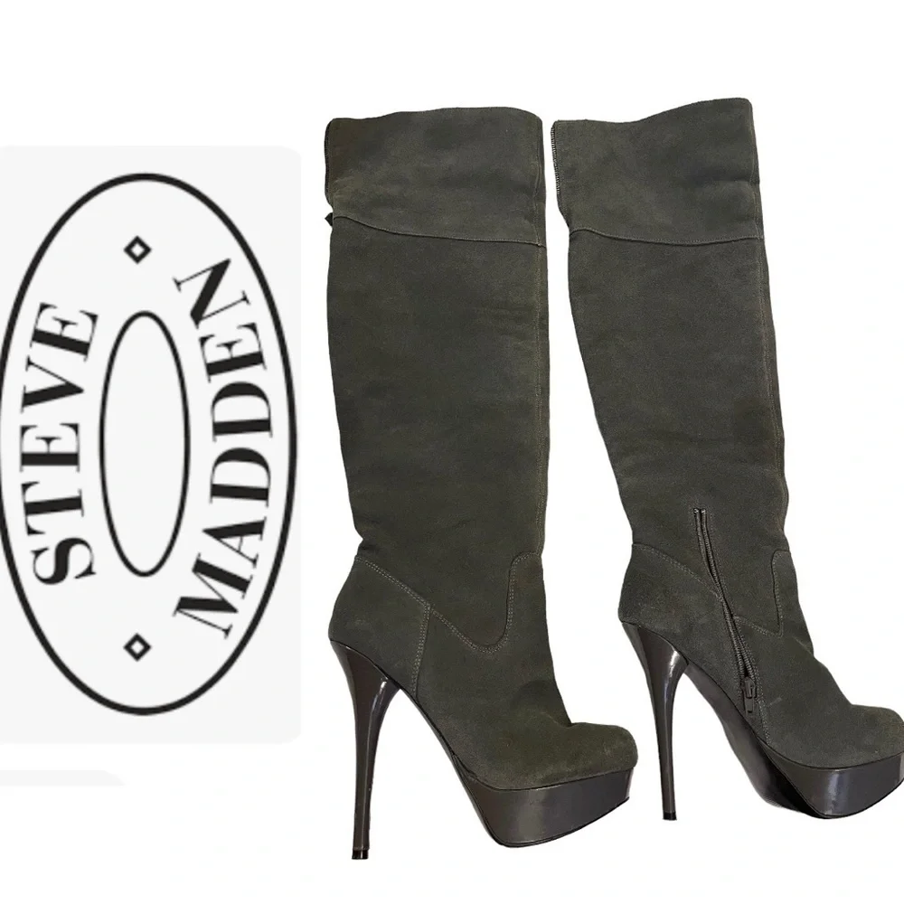 Steve Madden Boots ‘Calgarry’ Vintage Grey Suede Over-the-Knee Platforms - EUC